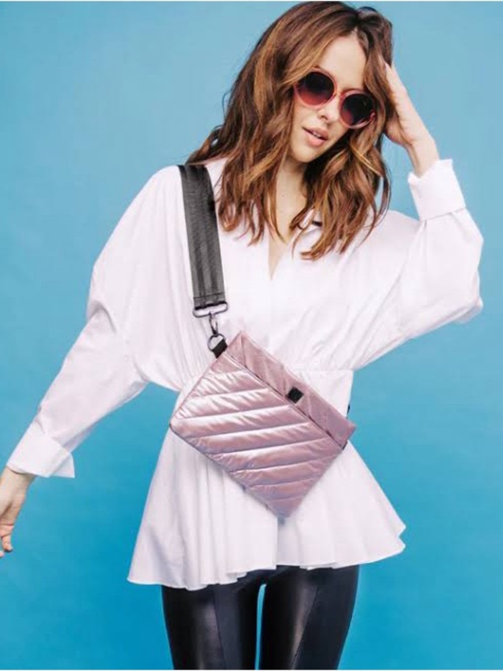 Think Royln Metallic Blush Quilted Crossbody Bum  Bag with 2 Adjustable Straps